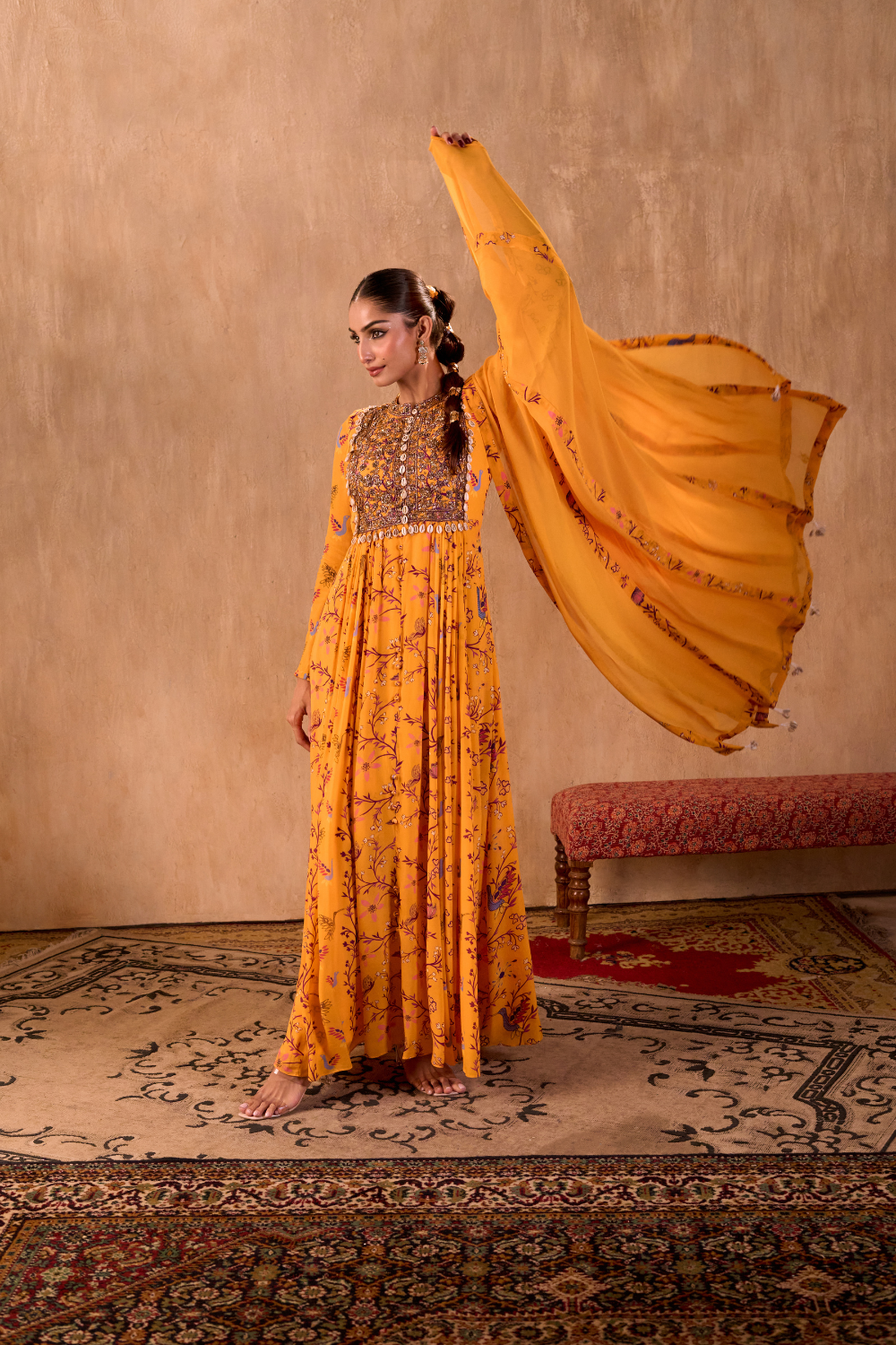 YELLOW PRINT EMBROIDERED ANARKALI AND DUPATTA SET