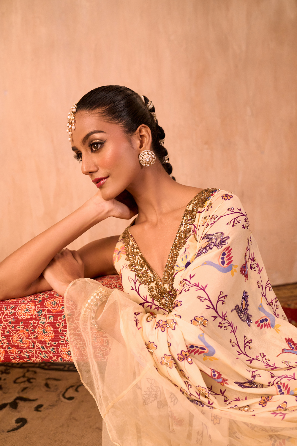 IVORY PRINT EMBROIDERED CHOLI WITH PRE DRAPED RUFFLE SARI SET