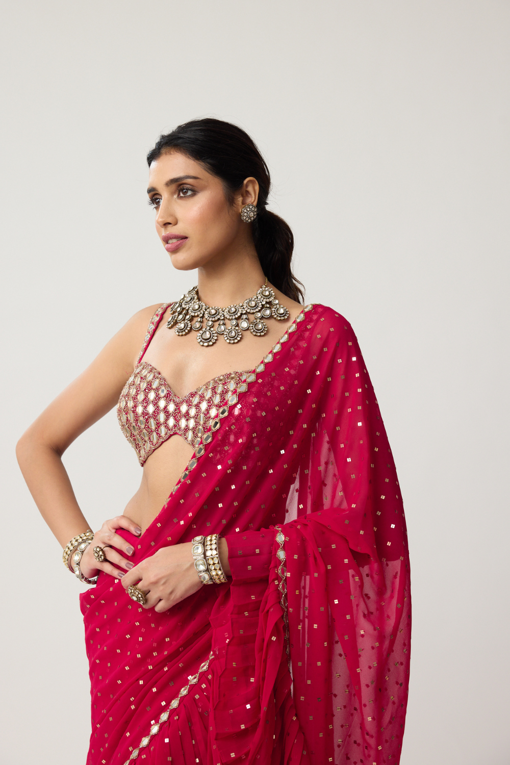 Crimson Red Ruffle Sequins Mirror Saree Set