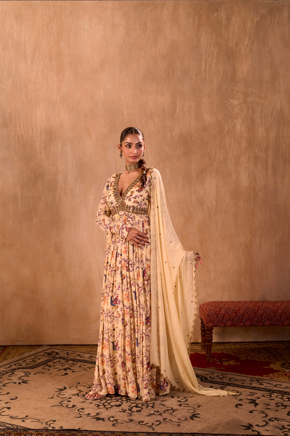 IVORY PRINT EMBROIDERED ANARKALI AND DUPATTA SET