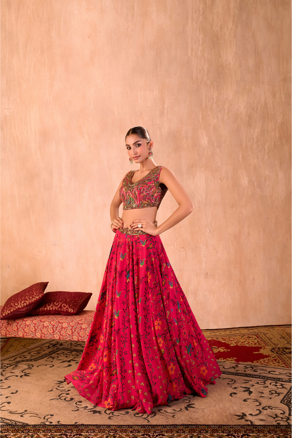 PINK PRINT EMBROIDERED CHOLI, LEHENGA AND DUPATTA SET