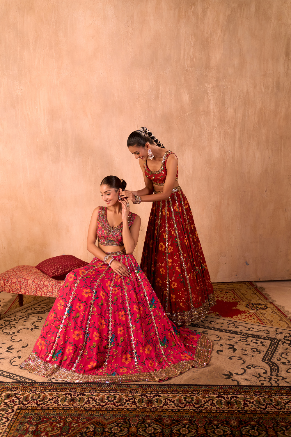 RED PRINT EMBROIDERED CHOLI, LEHENGA AND DUPATTA SET