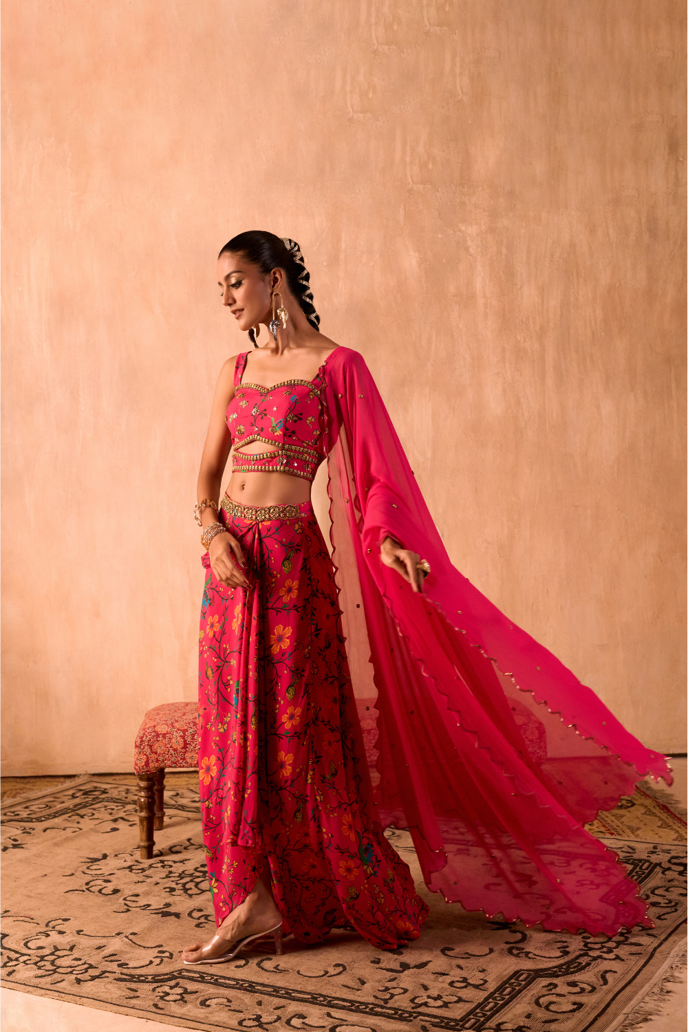 PINK PRINT EMBROIDERED CHOLI, DRAPED SKIRT AND DUPATTA SET