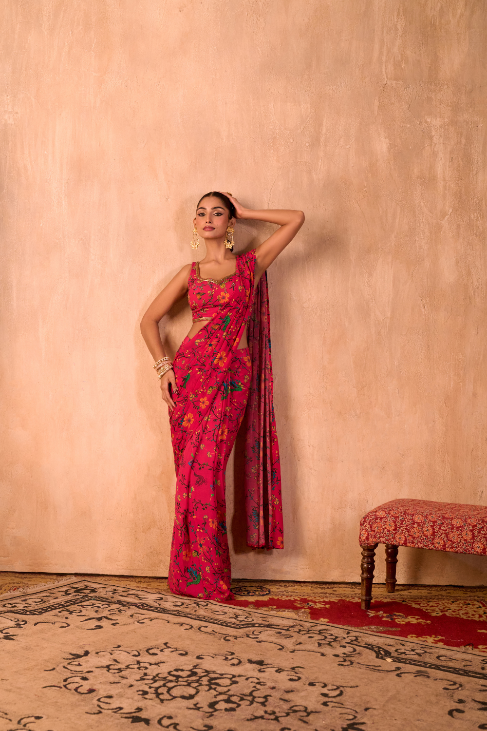 PINK PRINT EMBROIDERED CHOLI WITH PRE-DRAPED SARI SET