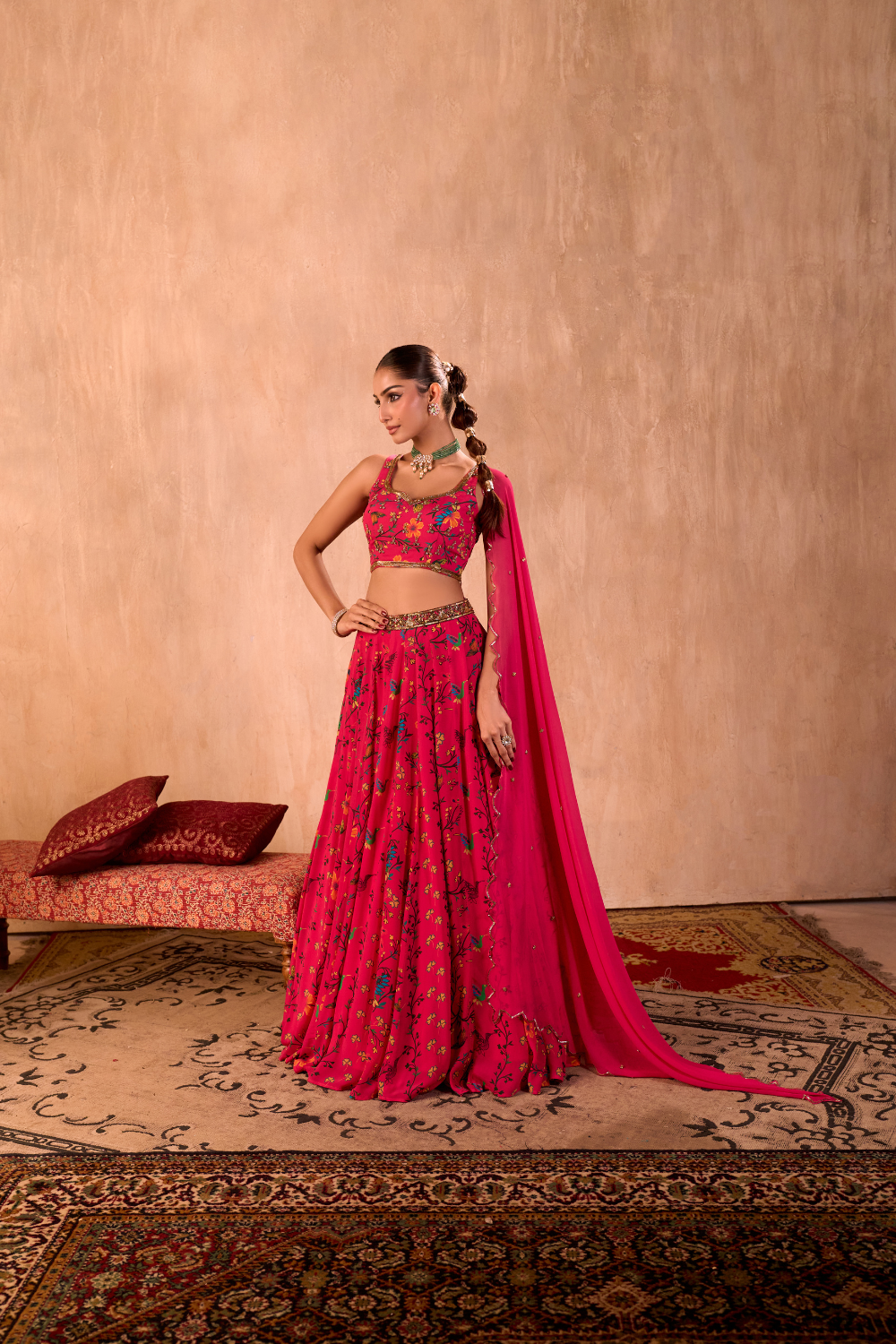 PINK PRINT EMBROIDERED CHOLI, LEHENGA AND DUPATTA SET