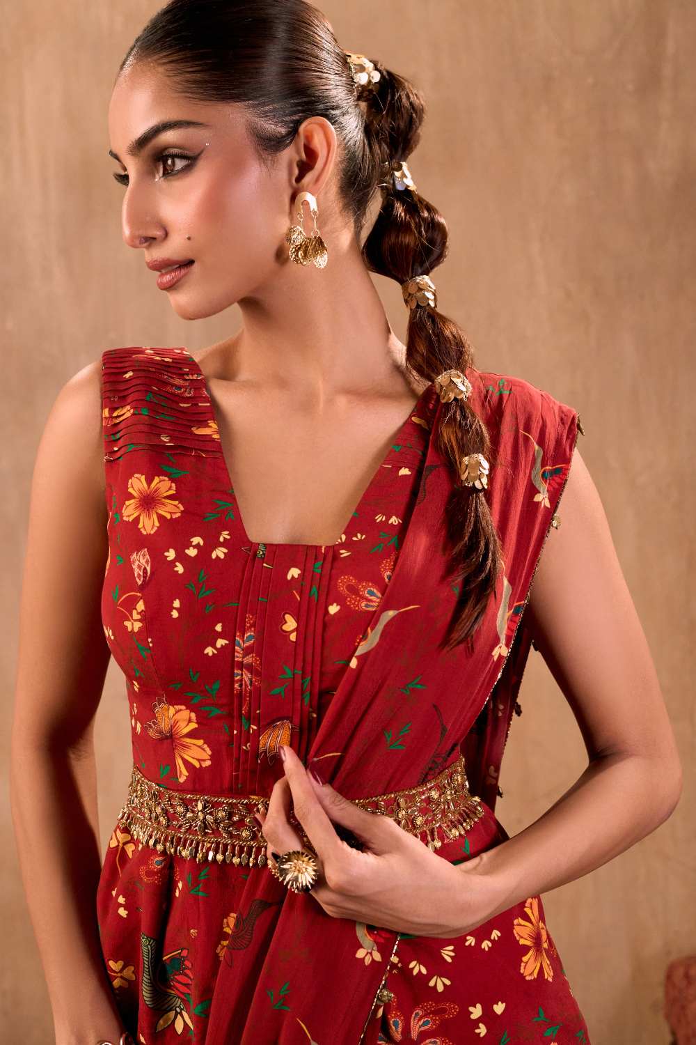RED PRINT EMBROIDERED PEPLUM TOP, DRAPED PANTS, DRAPE AND BELT SET