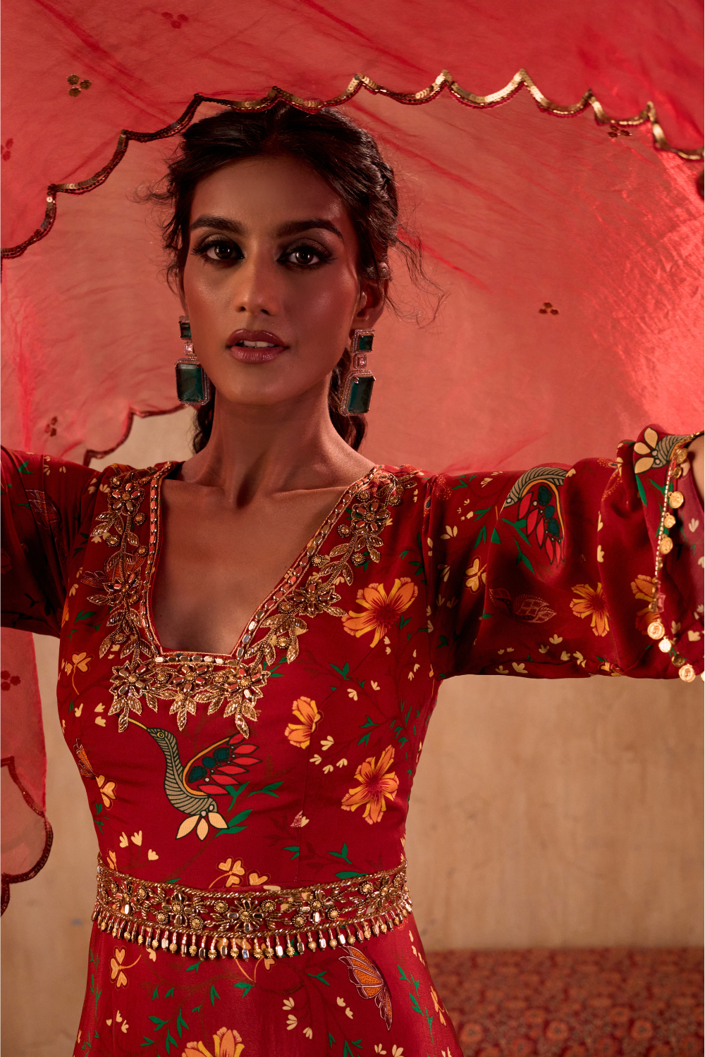 RED PRINT EMBROIDERED ANARKALI WITH DUPATTA AND BELT SET