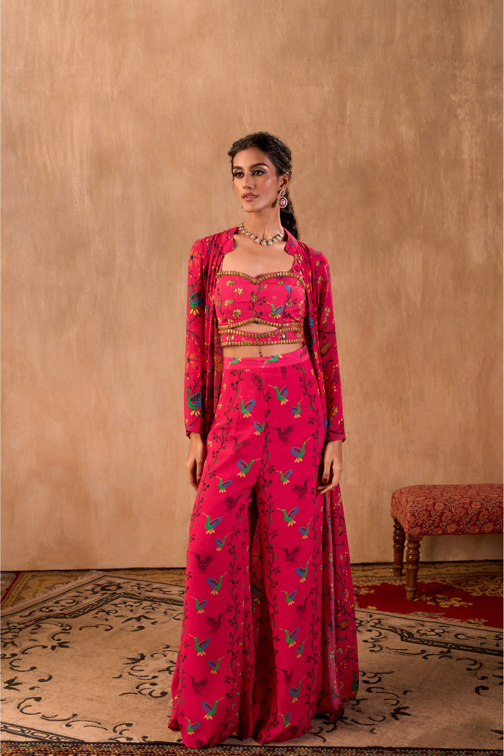 PINK PRINT EMBROIDERED CHOLI, PANTS AND JACKET SET