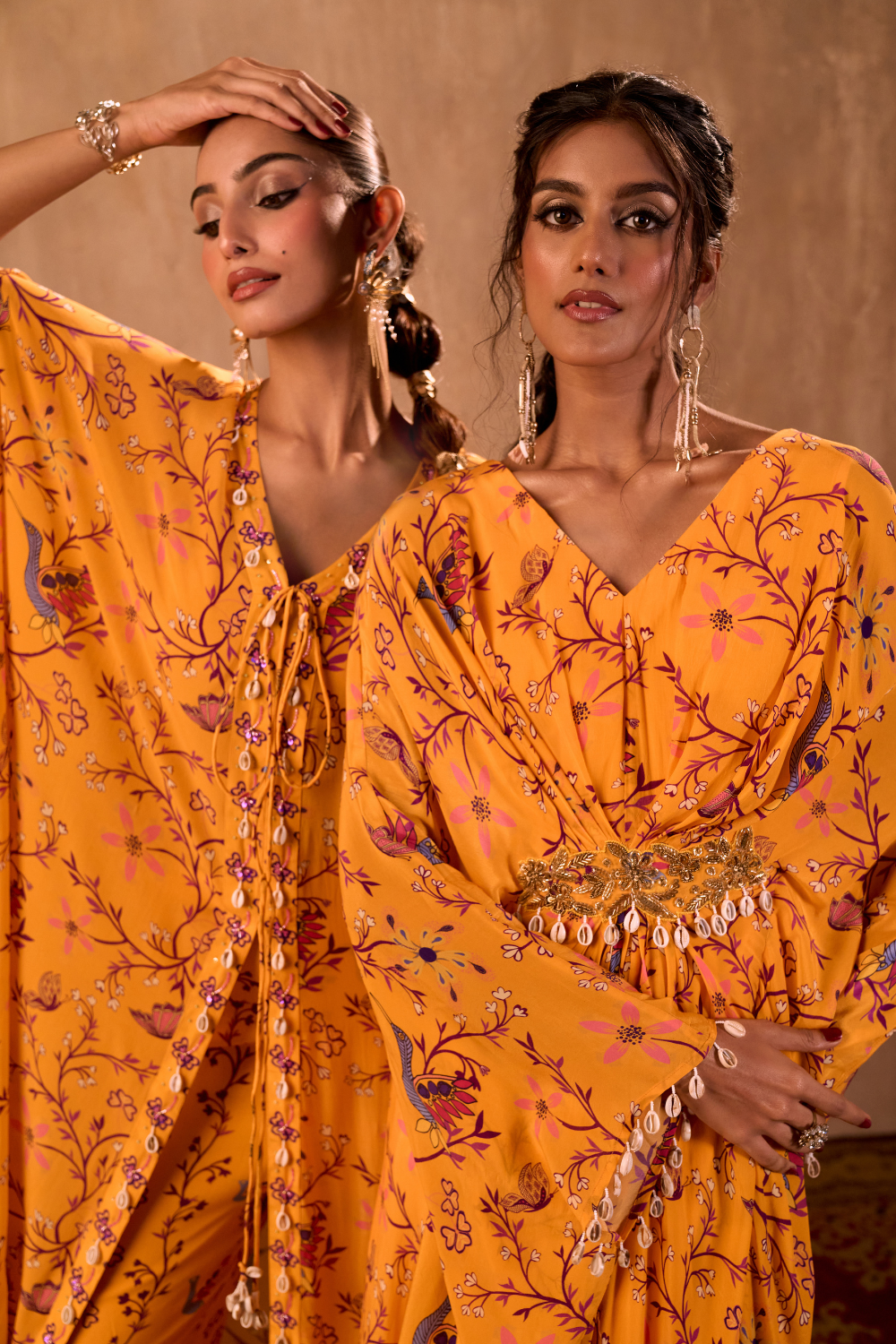 YELLOW PRINT EMBROIDERED LONG KAFTAN WITH PANTS SET