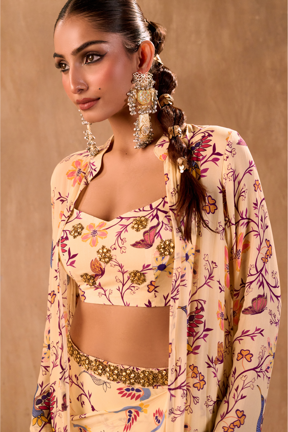 IVORY PRINT EMBROIDERED CHOLI, DRAPED SKIRT AND JACKET SET
