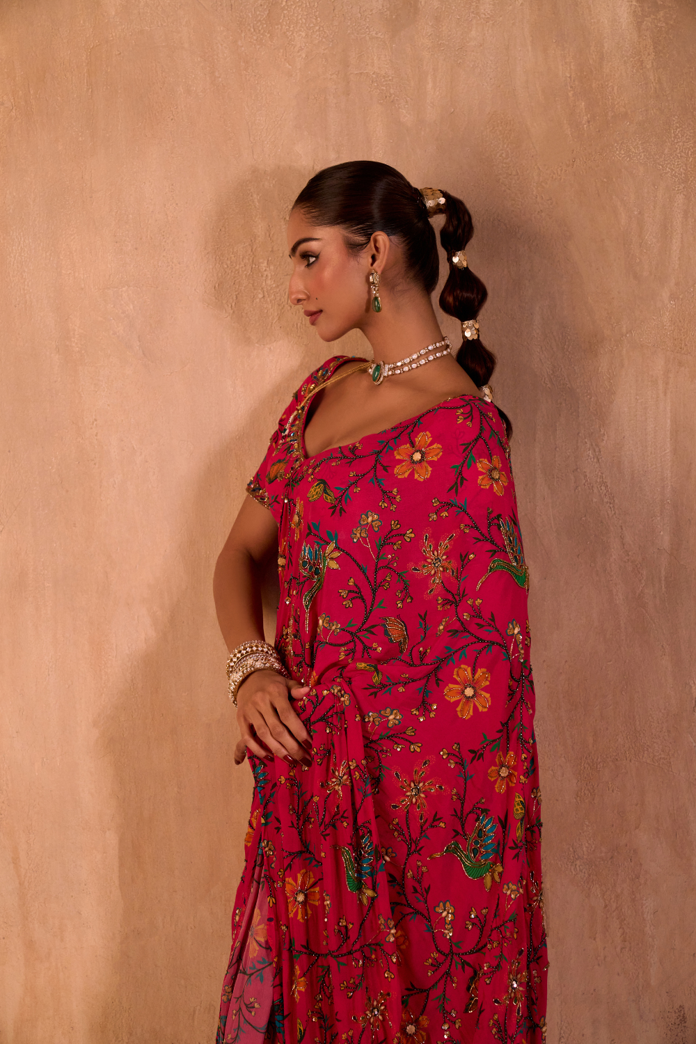 PINK PRINT CHOLI WITH EMBROIDERED SARI SET