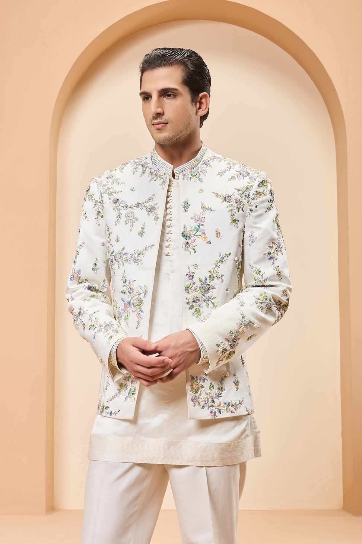 Ivory open bandhgala   with thread , sequins & pearl  work