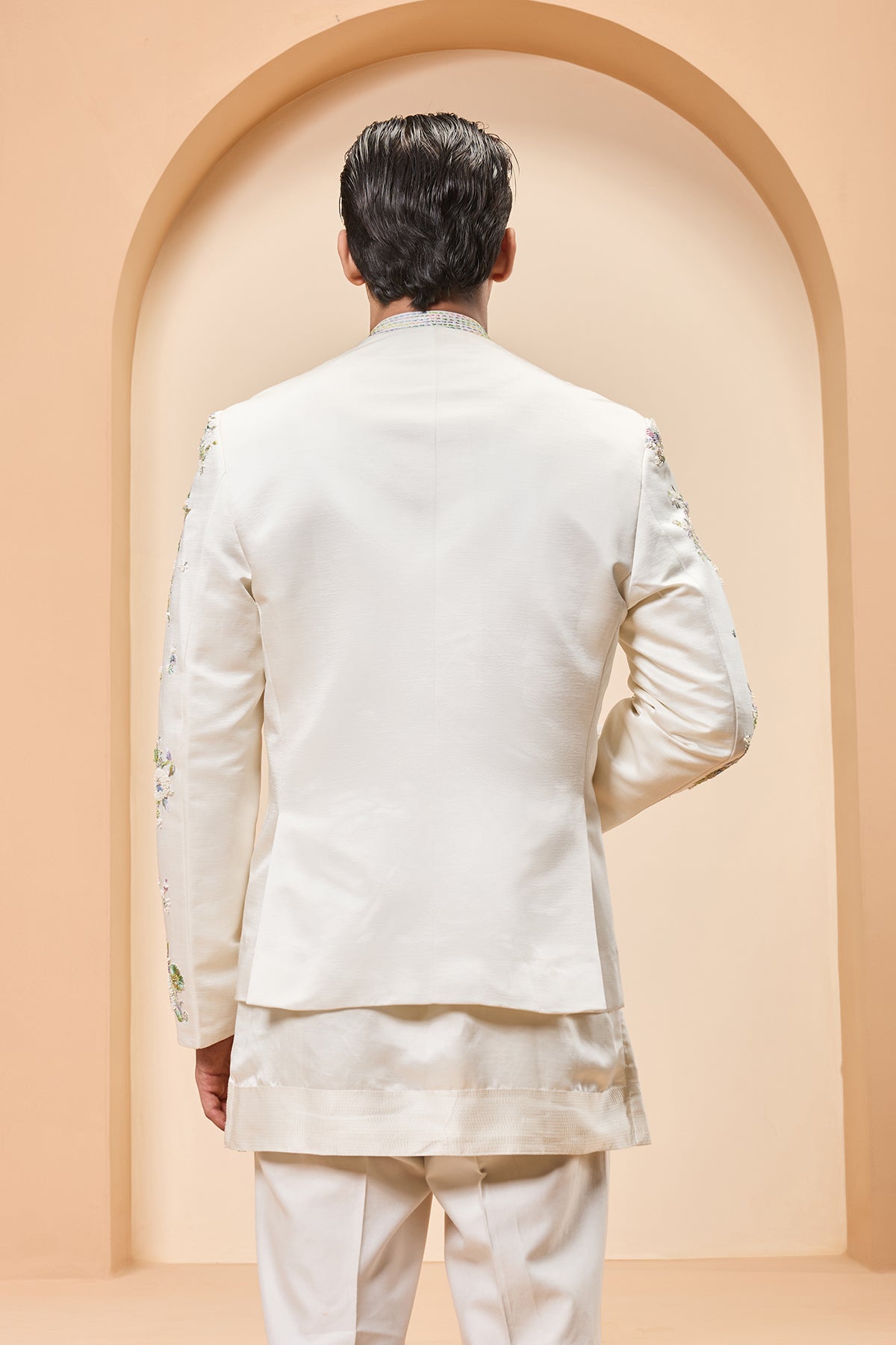 Ivory open bandhgala   with thread , sequins & pearl  work