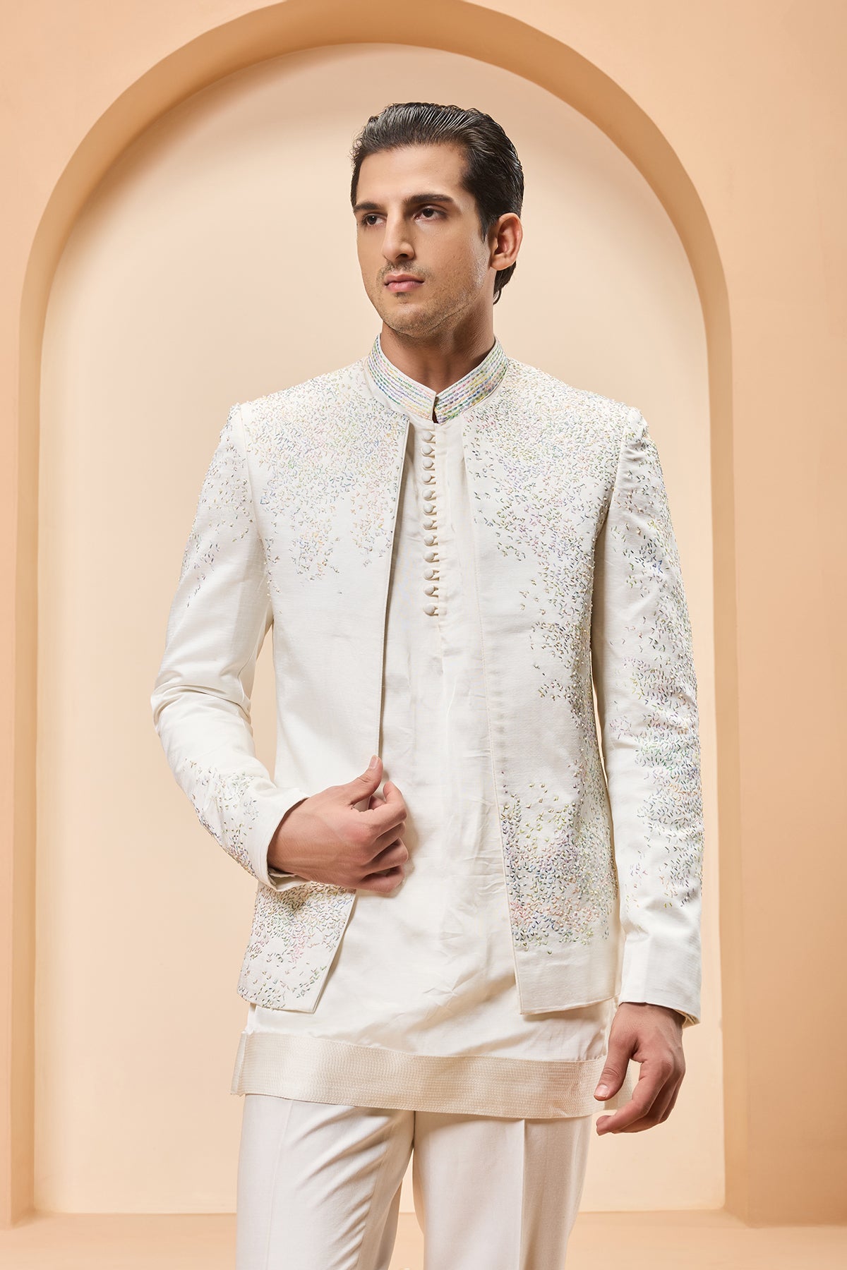 Ivory open bandhgala   with thread , sequins & pearl  work