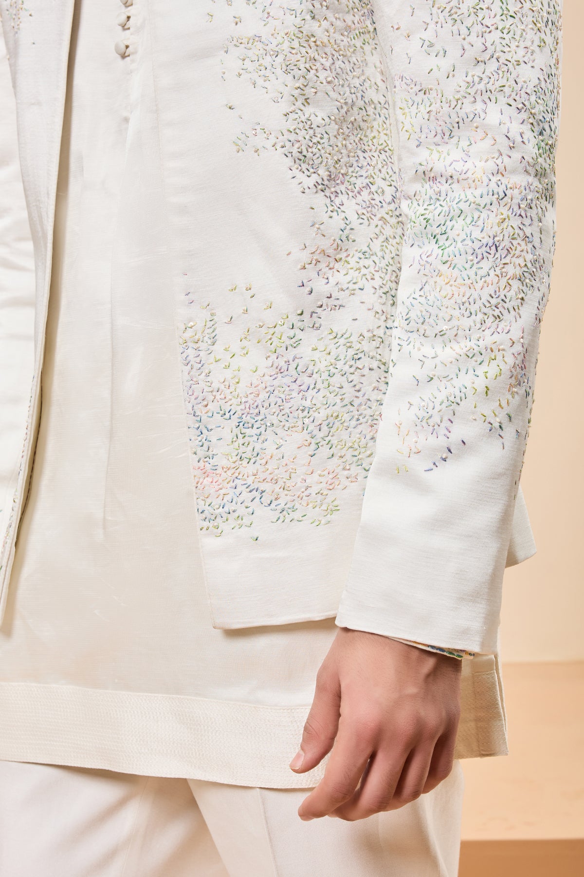 Ivory open bandhgala   with thread , sequins & pearl  work