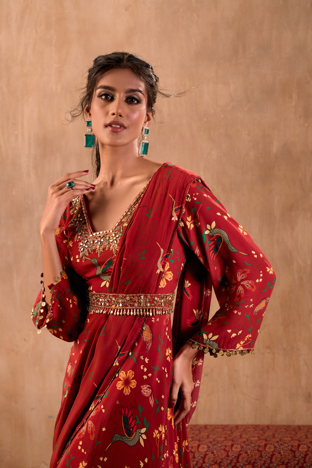 RED PRINT EMBROIDERED ANARKALI WITH DRAPE AND BELT SET