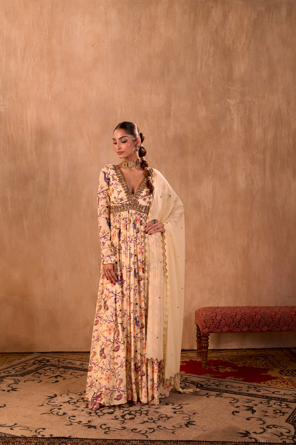 IVORY PRINT EMBROIDERED ANARKALI AND DUPATTA SET