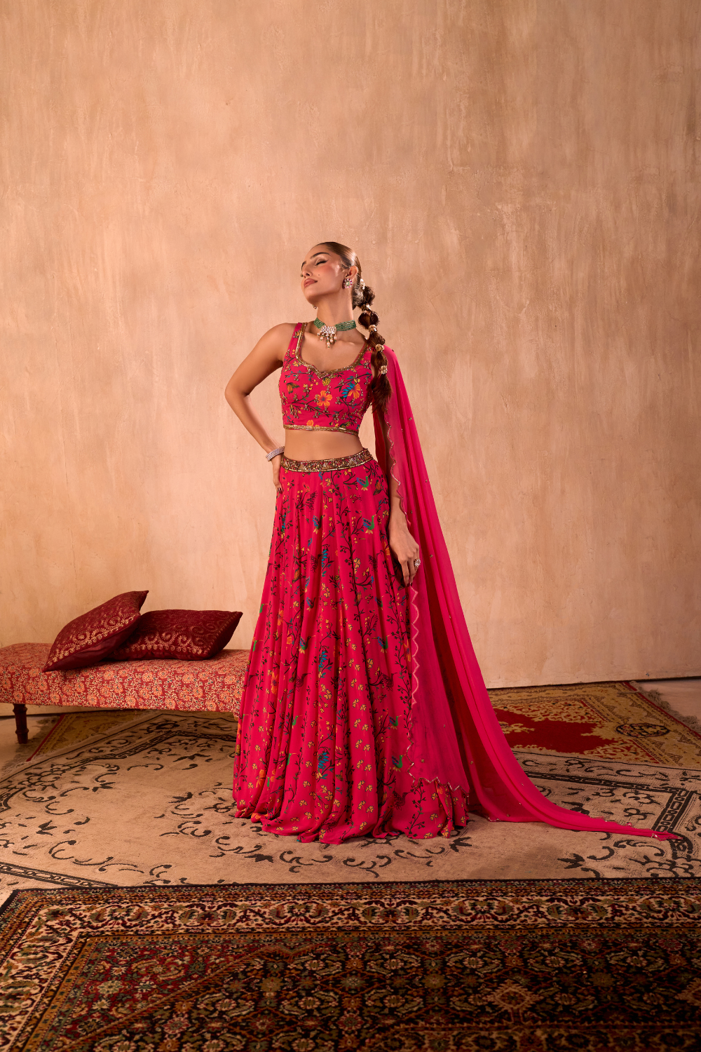 PINK PRINT EMBROIDERED CHOLI, LEHENGA AND DUPATTA SET