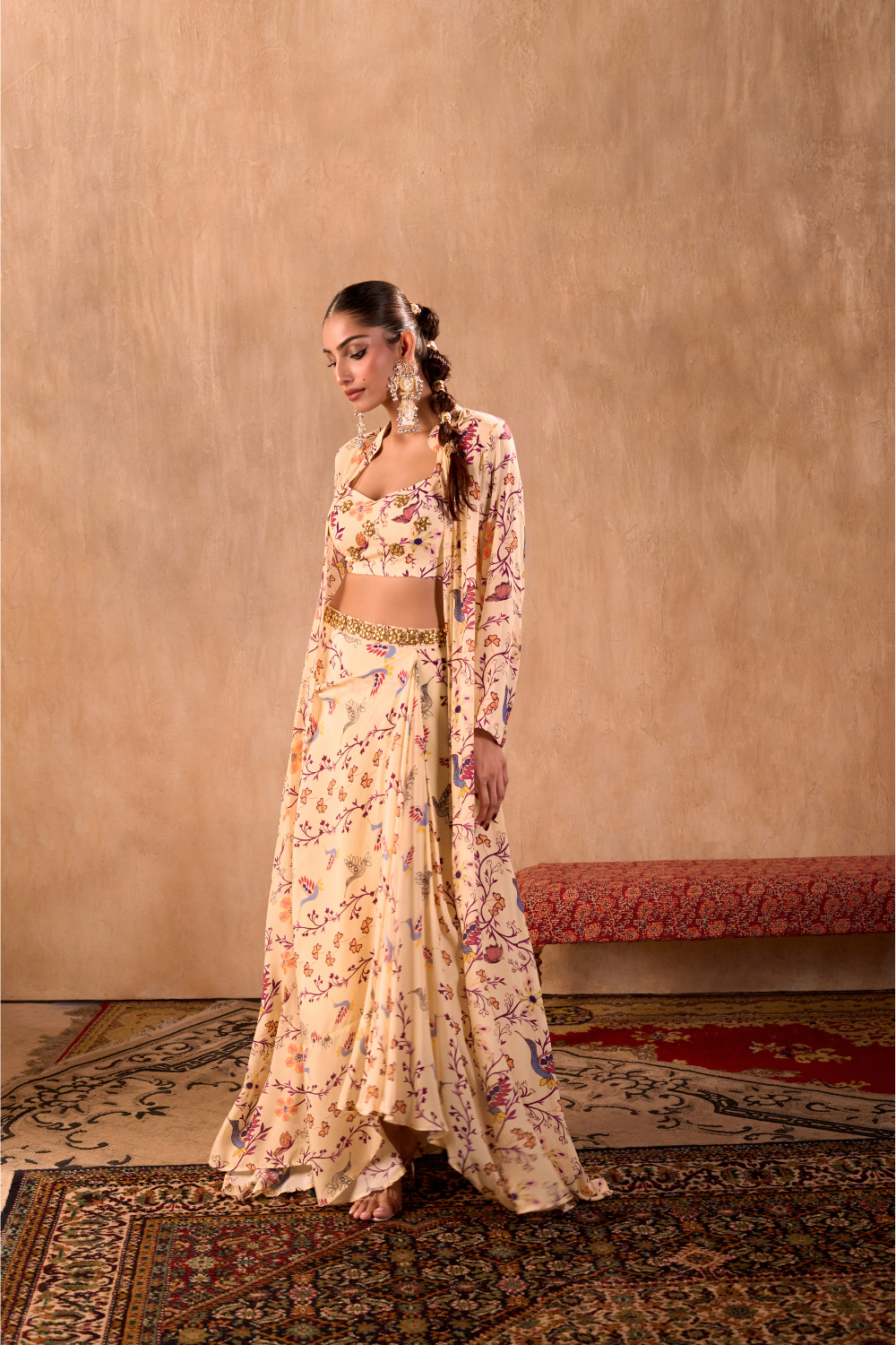 IVORY PRINT EMBROIDERED CHOLI, DRAPED SKIRT AND JACKET SET