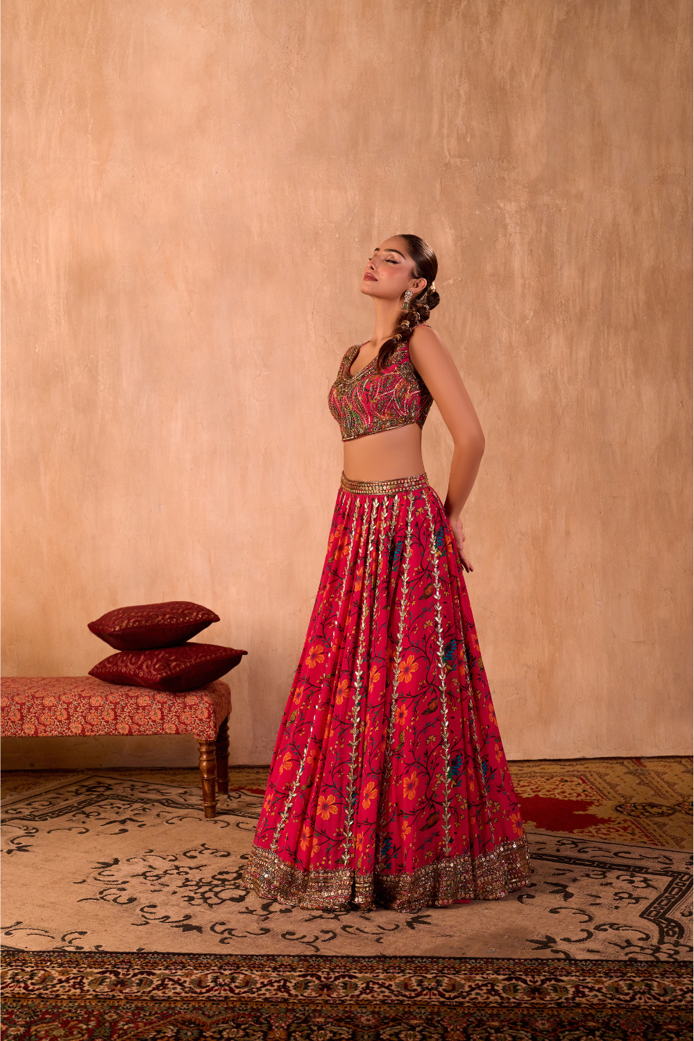 PINK PRINT EMBROIDERED CHOLI, LEHENGA AND DUPATTA SET