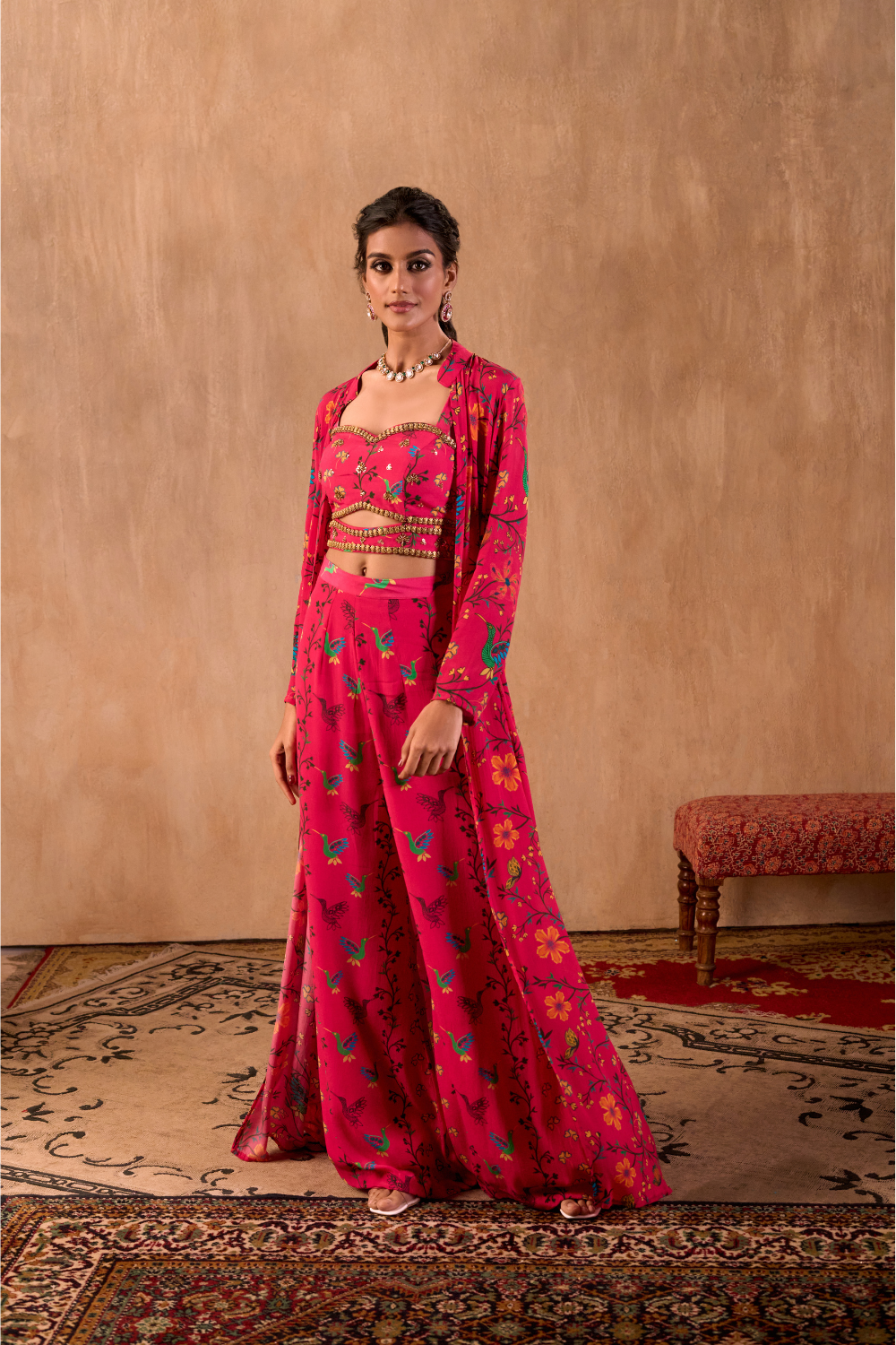 PINK PRINT EMBROIDERED CHOLI, PANTS AND JACKET SET