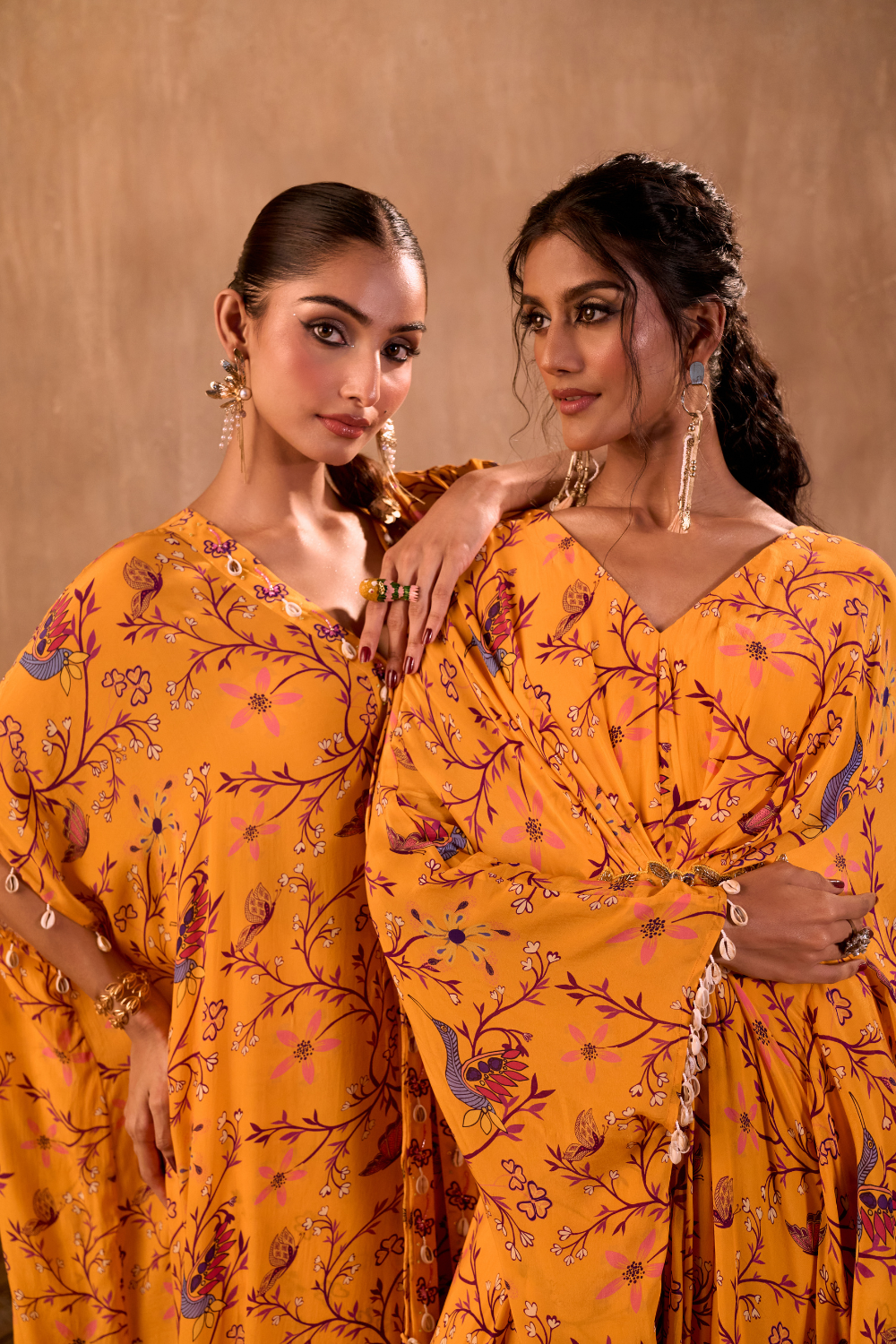 YELLOW PRINT EMBROIDERED LONG KAFTAN WITH PANTS SET