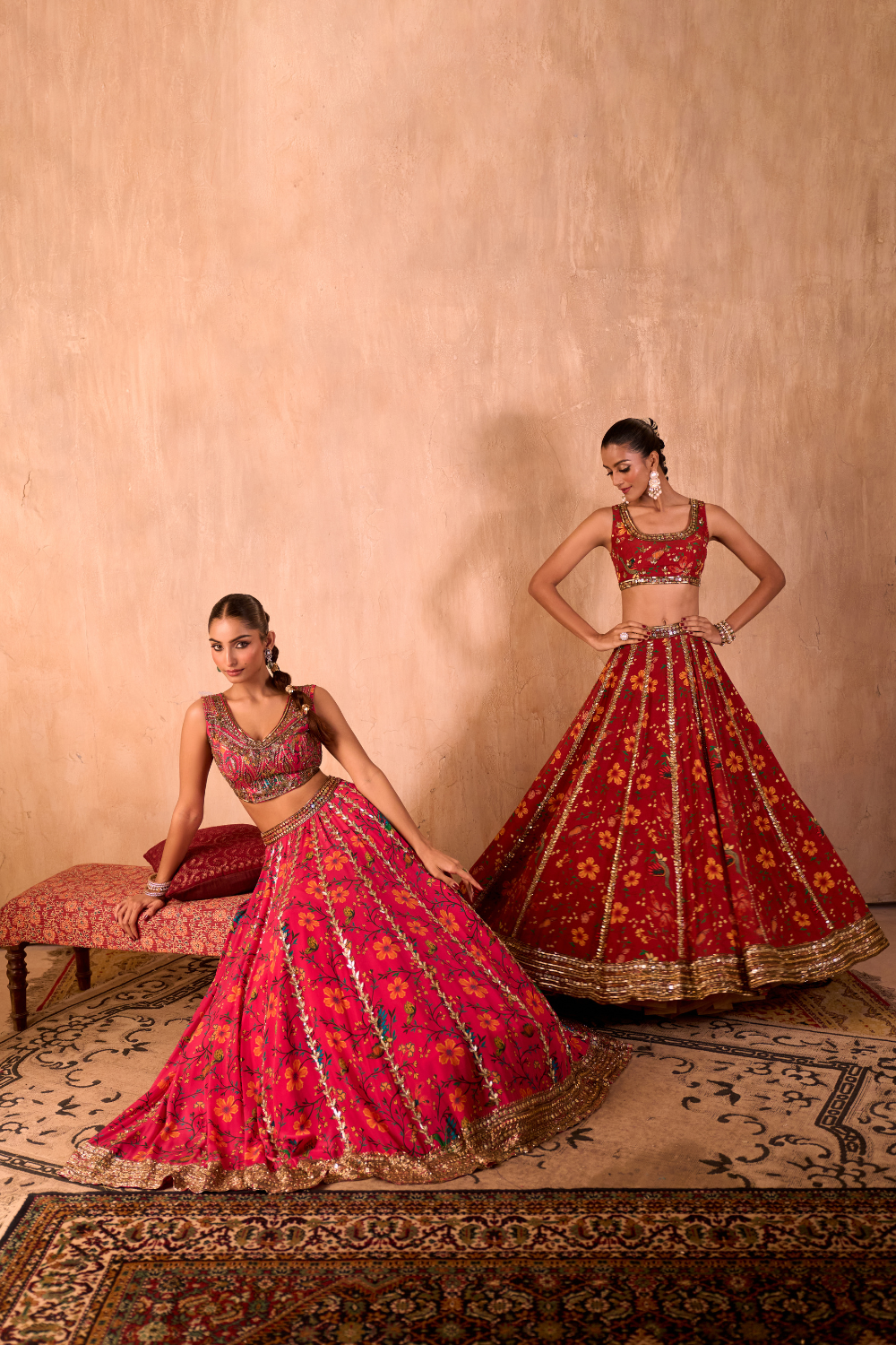 RED PRINT EMBROIDERED CHOLI, LEHENGA AND DUPATTA SET