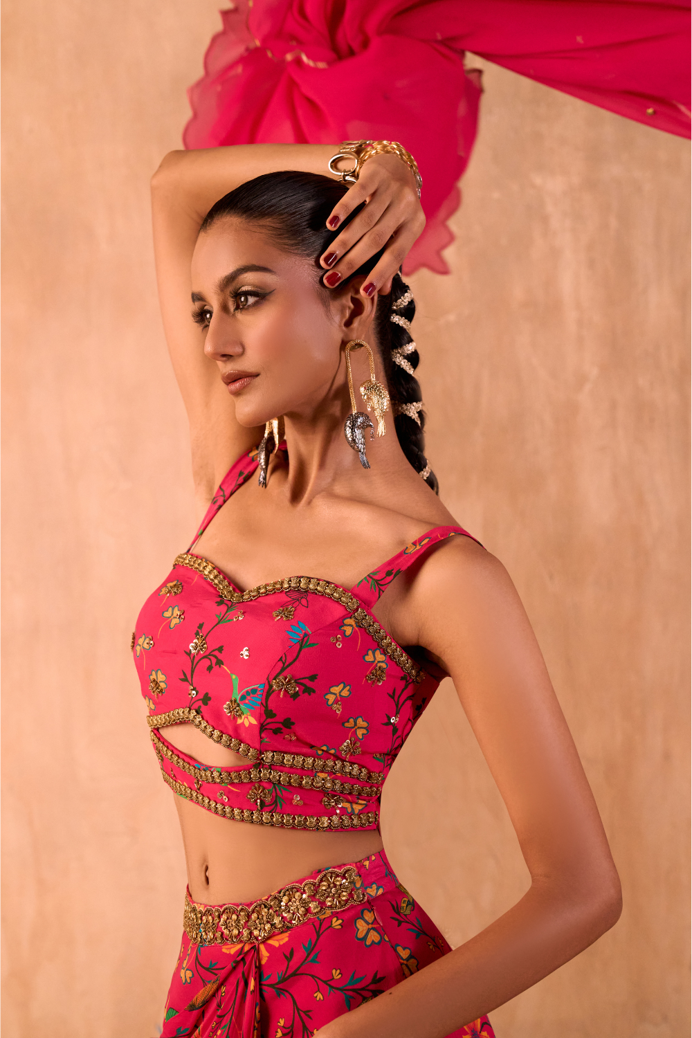 PINK PRINT EMBROIDERED CHOLI, DRAPED SKIRT AND DUPATTA SET