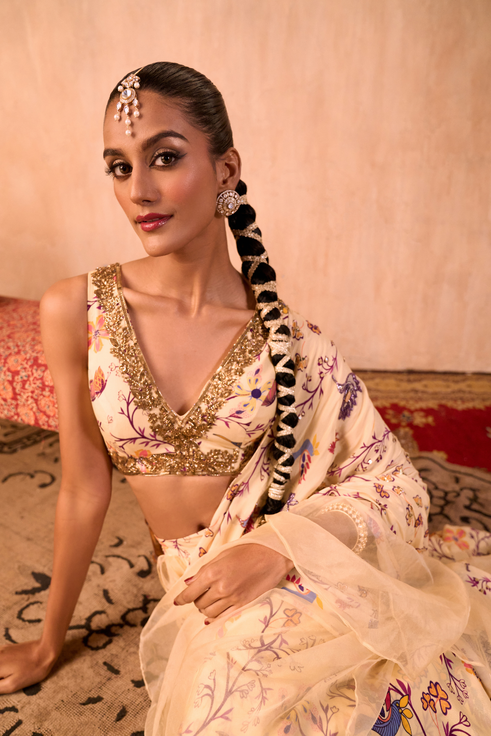IVORY PRINT EMBROIDERED CHOLI WITH PRE DRAPED RUFFLE SARI SET