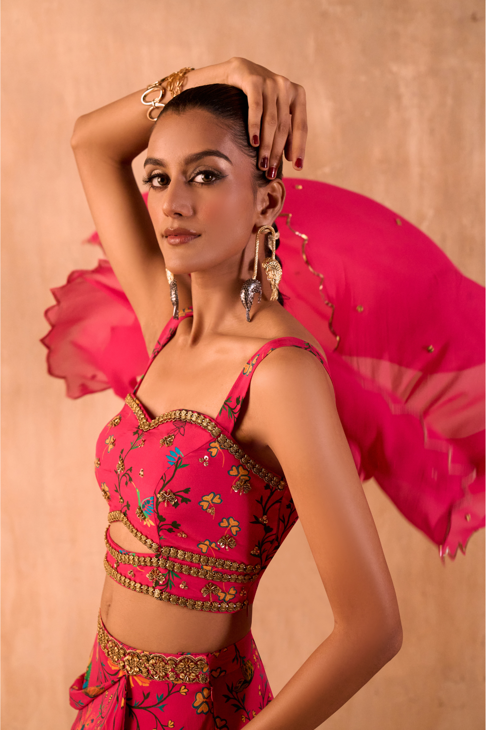 PINK PRINT EMBROIDERED CHOLI, DRAPED SKIRT AND DUPATTA SET