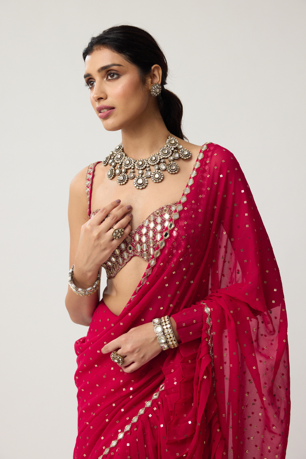 Crimson Red Ruffle Sequins Mirror Saree Set