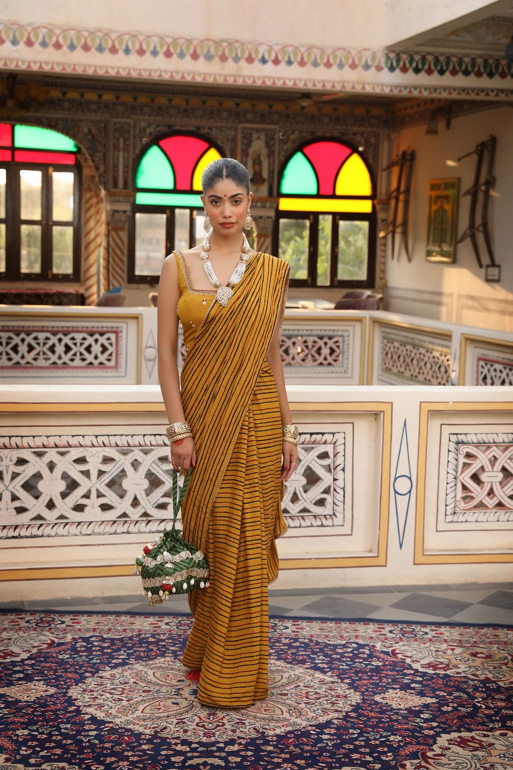 Brick Rust Hand Block Printed Silk Chanderi Saree Set with Embroidered Blouse and Belt
