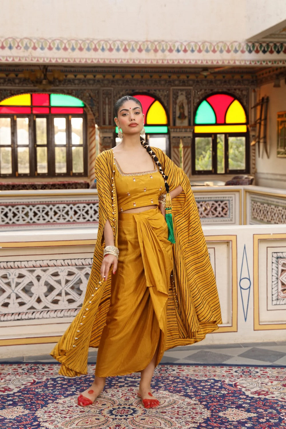 Gold Yellow Cape, Bustier, and Dhoti Skirt Set with Zardosi, Bead, and Pearl Embroidery