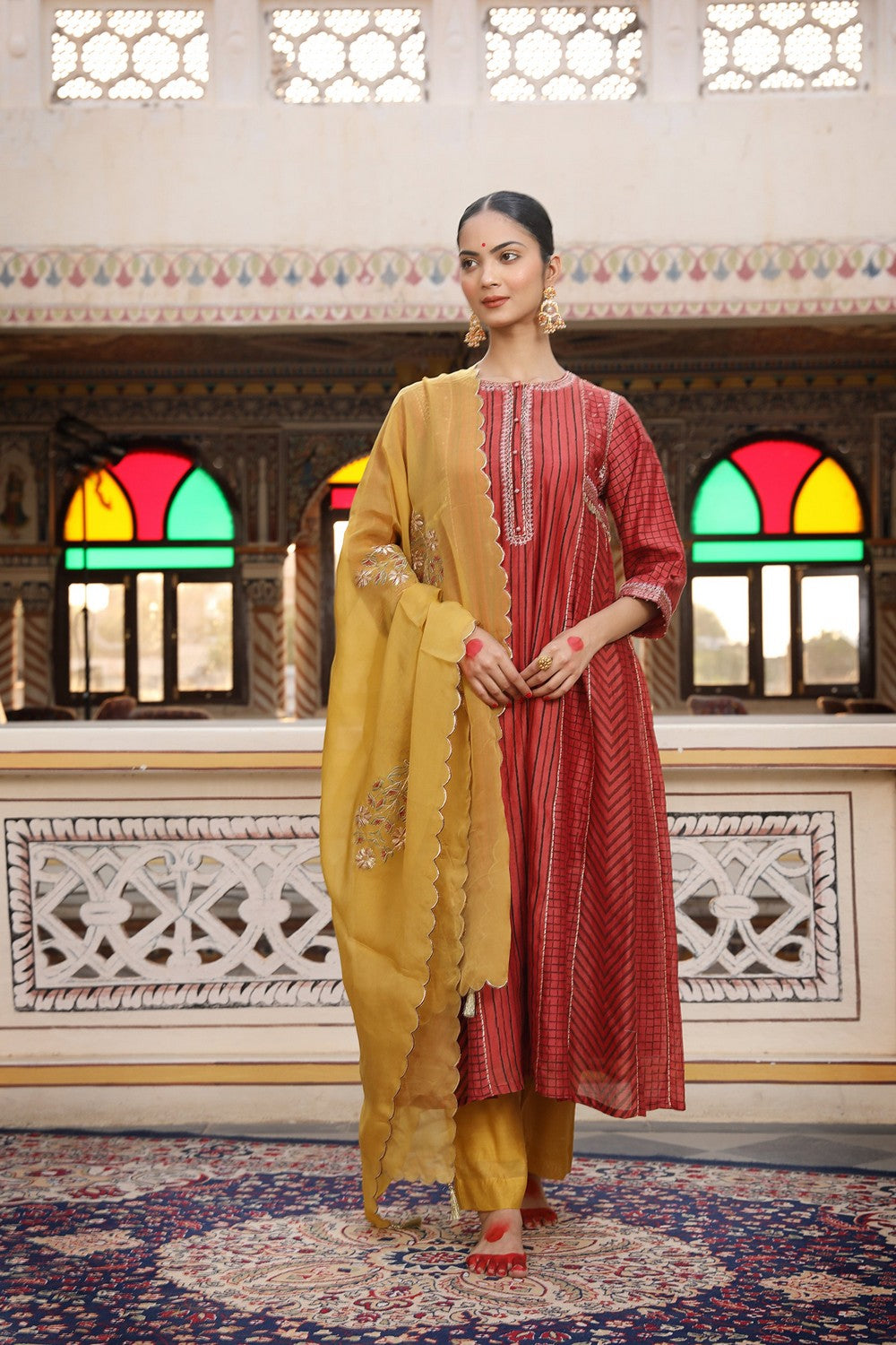 Gold Yellow 3-Piece Suit Set with Hand Block Print and Zardosi Embroidery