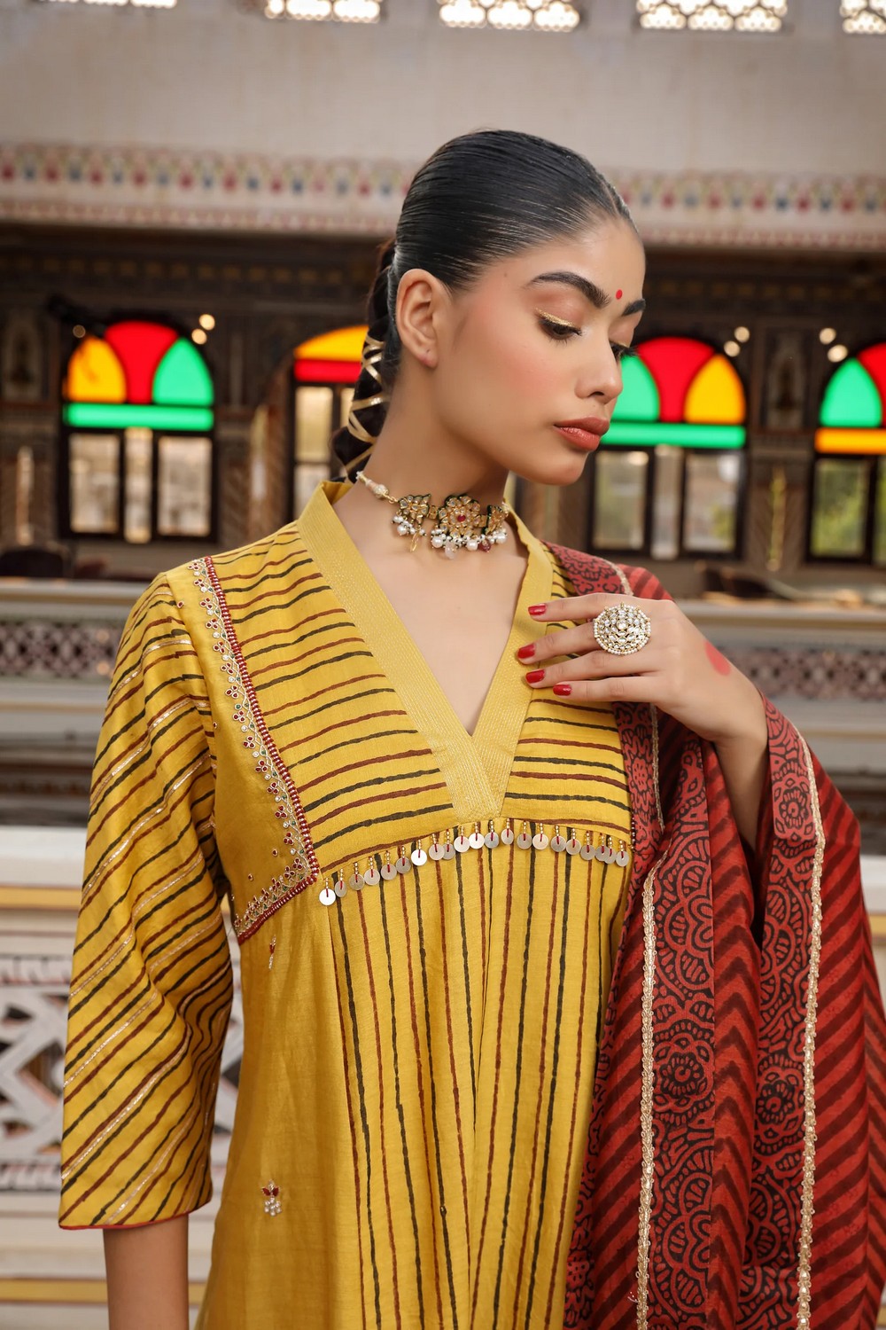 Mishri Gold Yellow Suit Set with Zardosi, Bead, and Pearl Embroidery