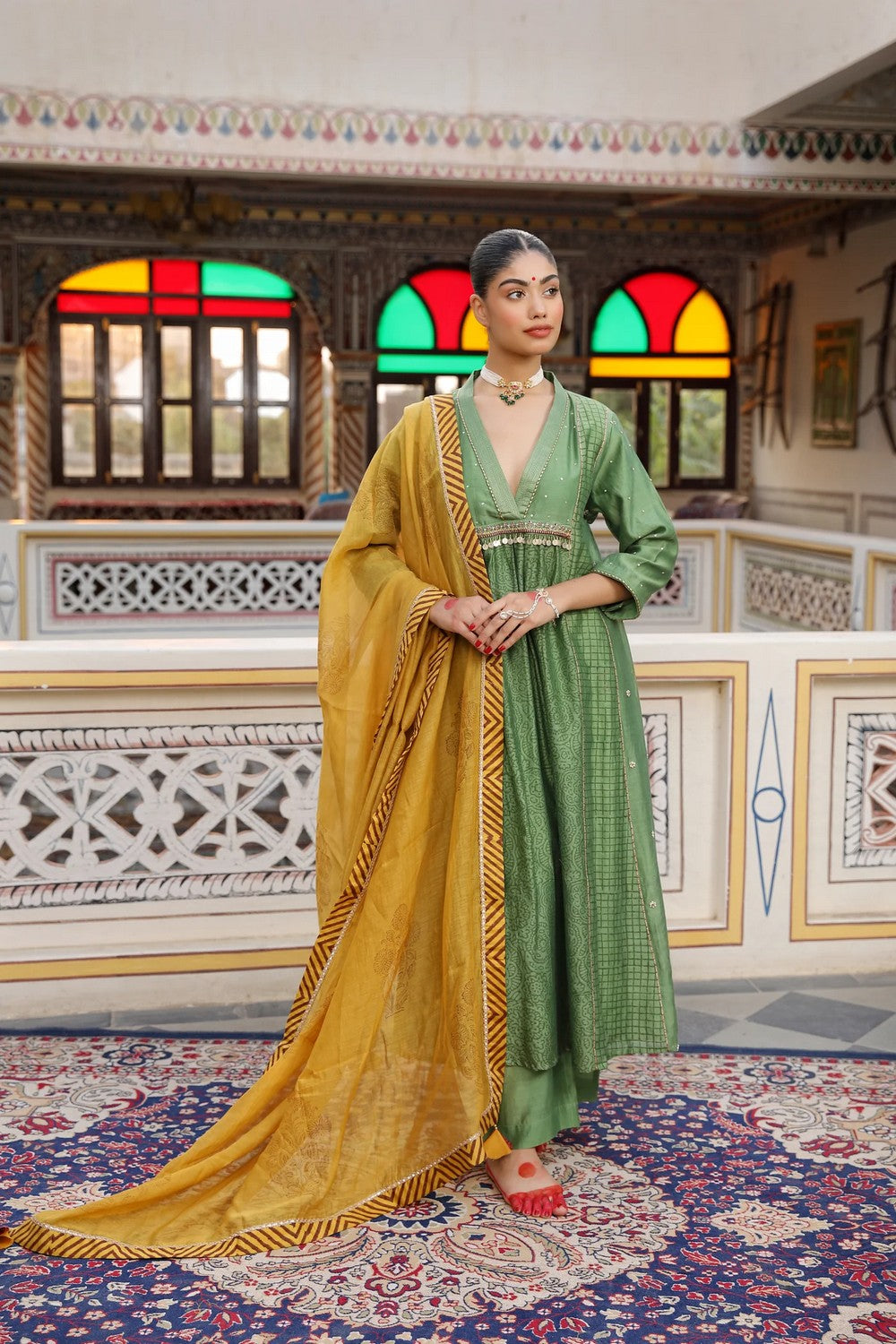 Brick Rust Hand Block Printed Silk Chanderi Suit Set with Zardosi and Bead Work