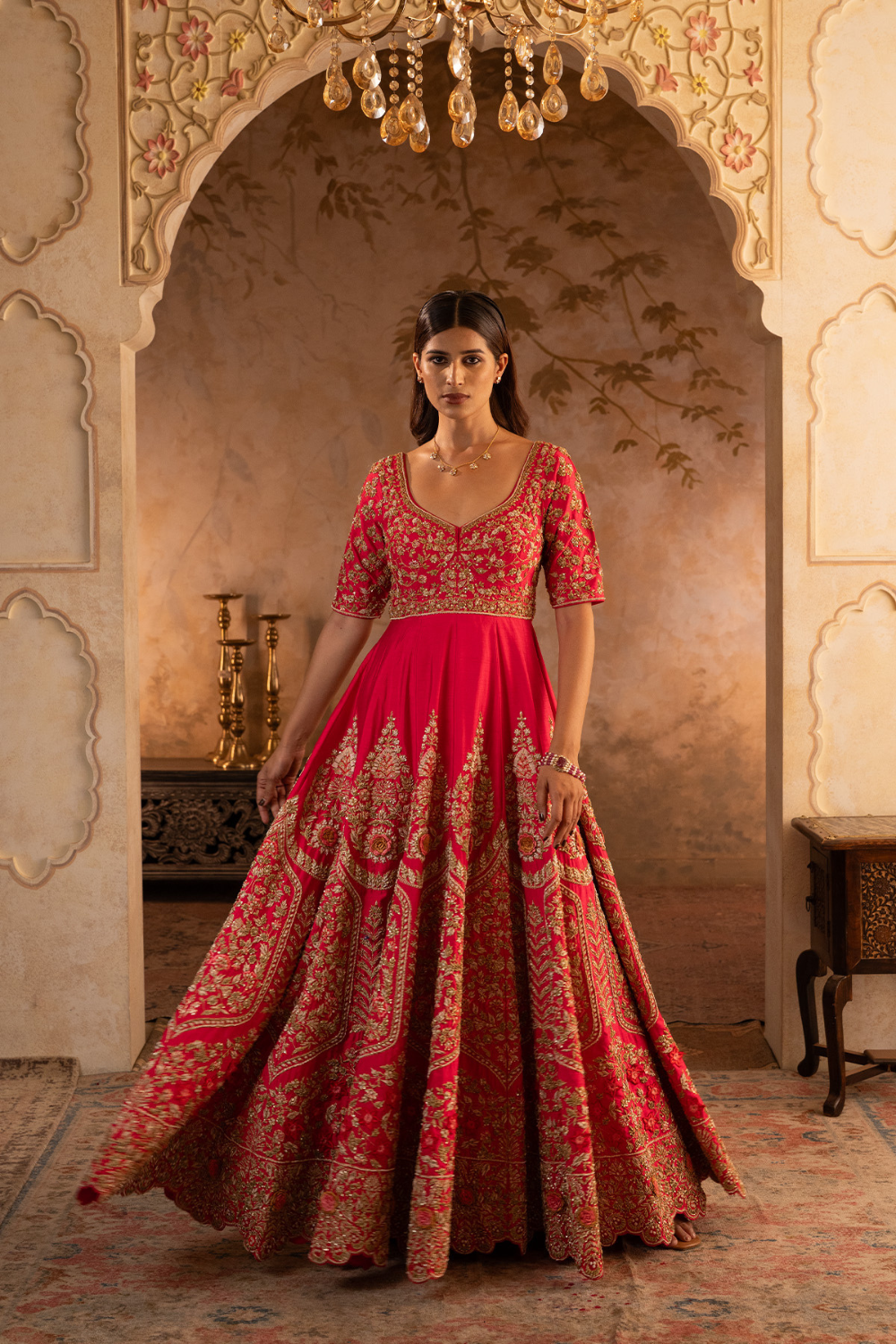 Red Raw Silk Anarkali Set
