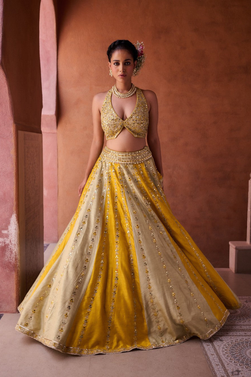 Mustard and sage green silk blouse, lehenga and organza dupatta