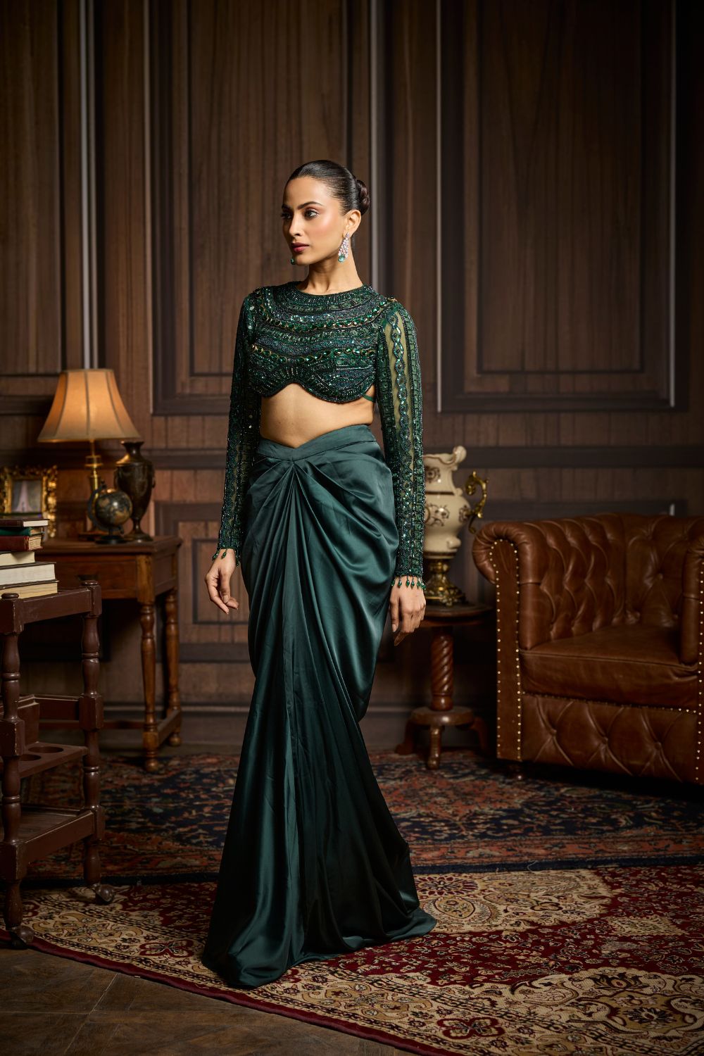 EMERALD GREEN EMBROIDERED BLOUSE AND DRAPED SKIRT SET