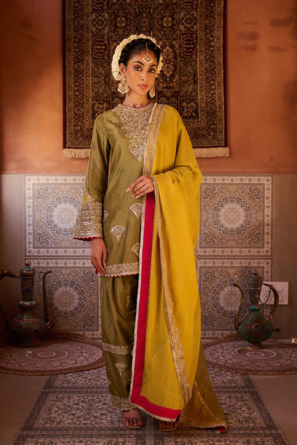 Sage green and mustard upada silk kurta, salwar and organza dupatta