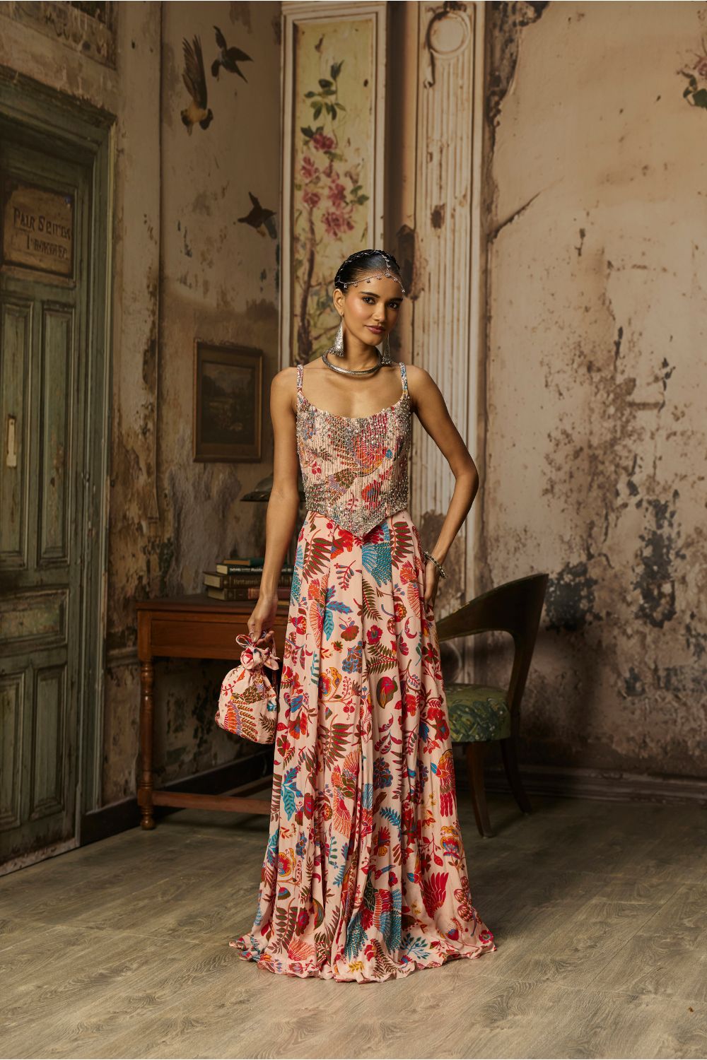 BLUSH PINK PRINTED AND HIGHLIGHTED CORSET GOWN