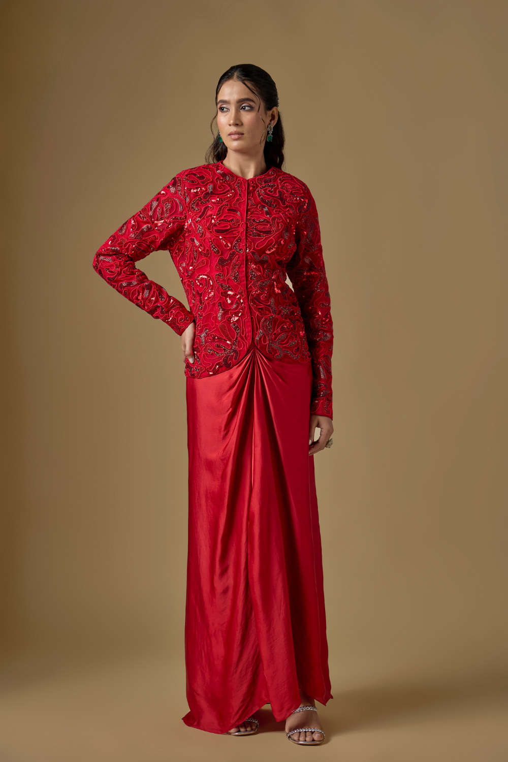 Torrin- Red tulle hand embroidered jacket paired with satin organza drape.