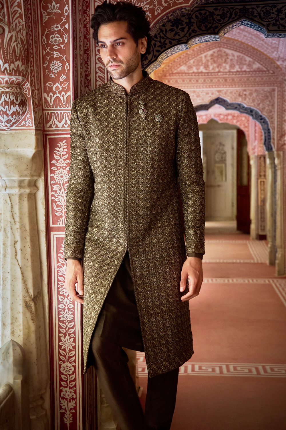 Olive Green Thread Sequin Sherwani Set