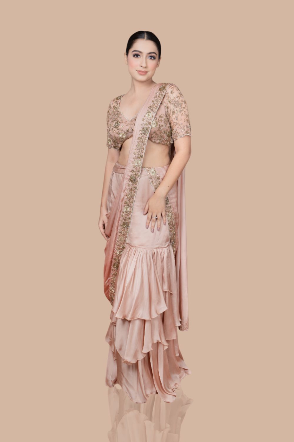 Golden Skirt Saree With Hand Embroidered Blouse And Drape