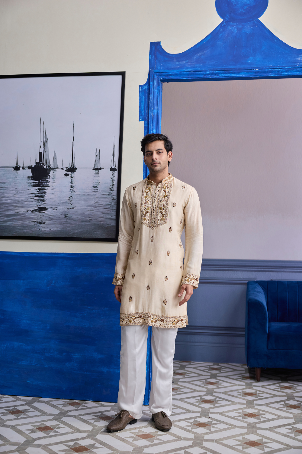 Ivory Thread Embroidered Yoke Kurta with Pants