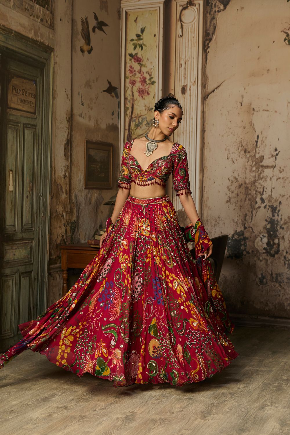 DEEP RED PRINTED AND HIGHLIGHTED LEHENGA SET