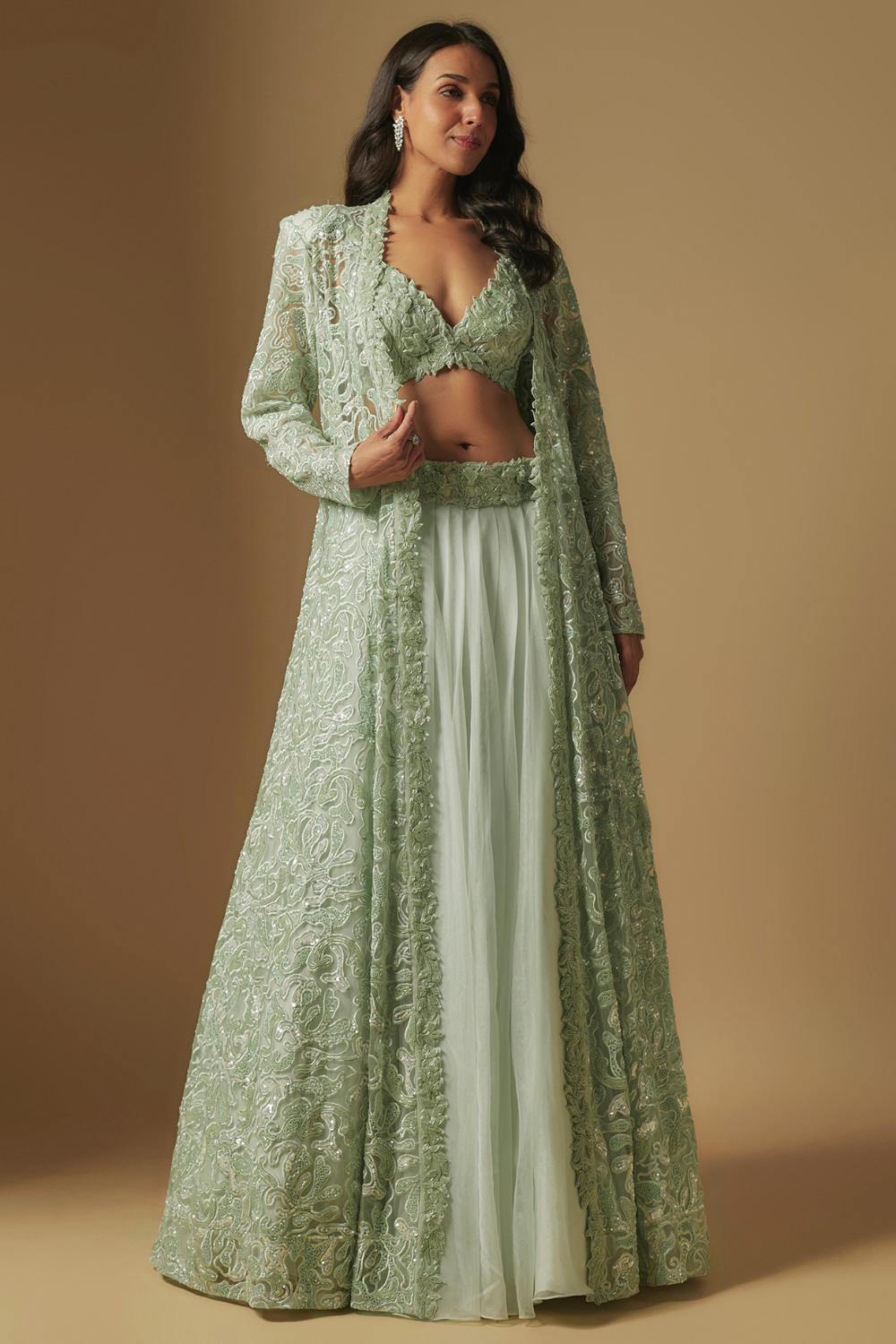 Dex Hand embroidered blouse paired with Long jacket and skirt