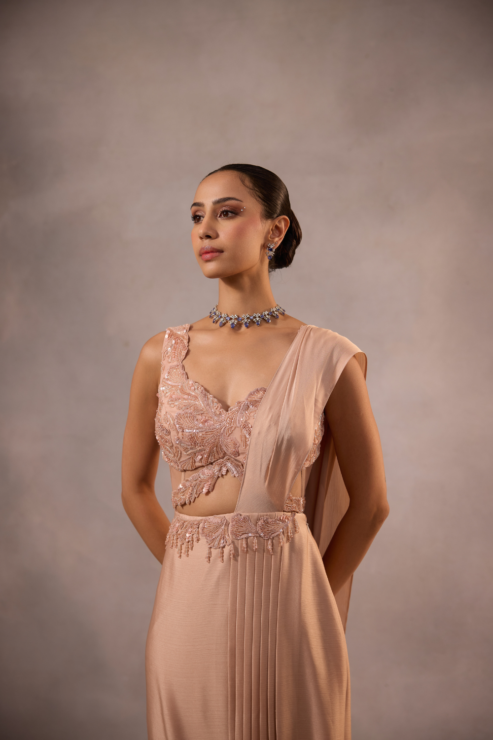 Champagne Pink  Embellished Draped Saree Set with Sculpted Blouse