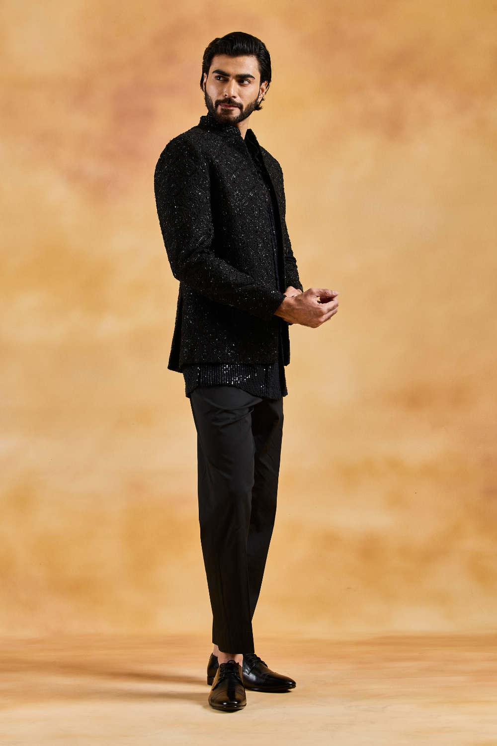 Black Open Jacket with Short Kurta and Pants
