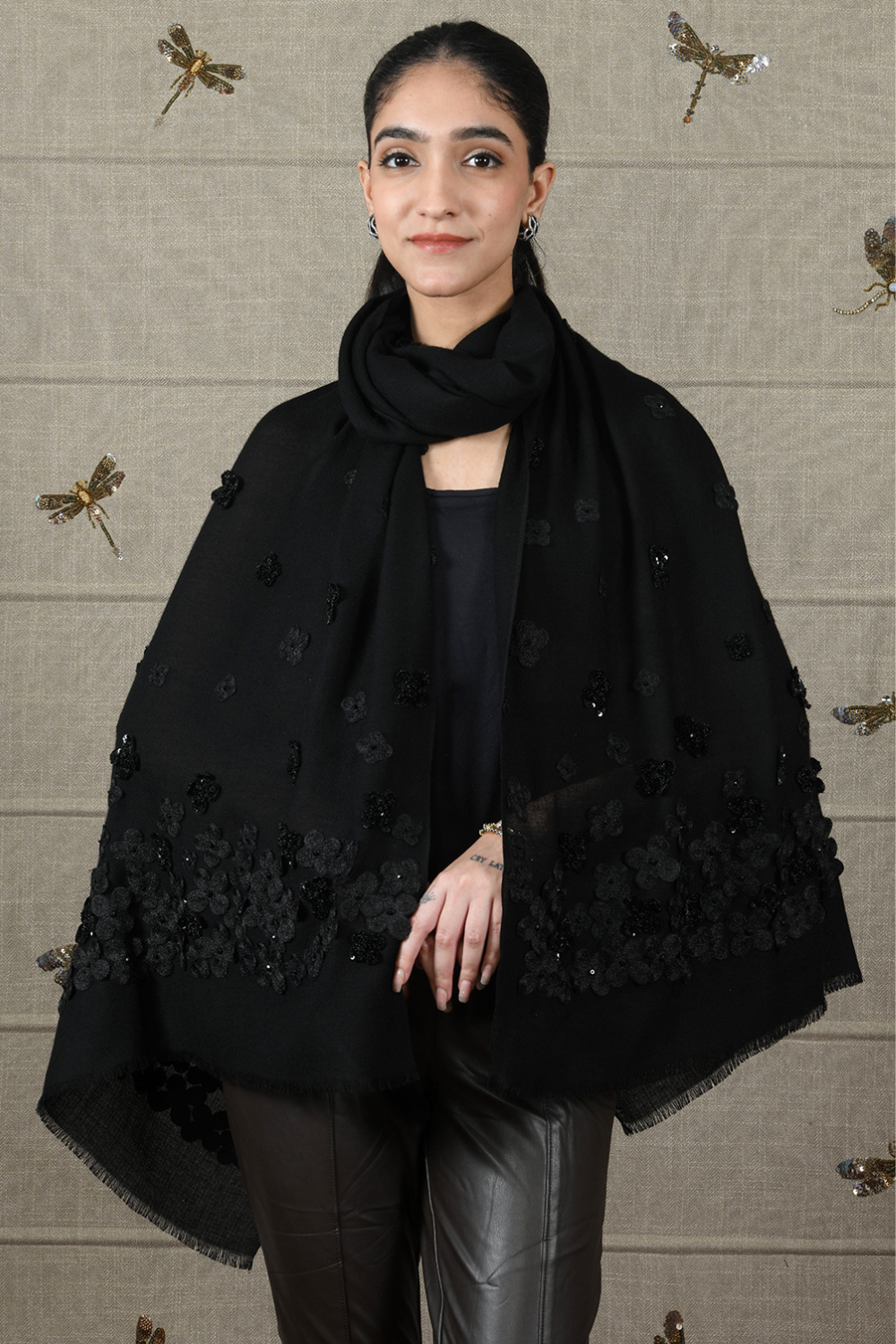 The Onyx Petal | Embroidered Fine Wool Silk Stole